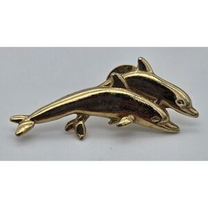 Gold Tone Double Dolphin Pin Vintage Ocean Sea Animal Jewelry Brooch
